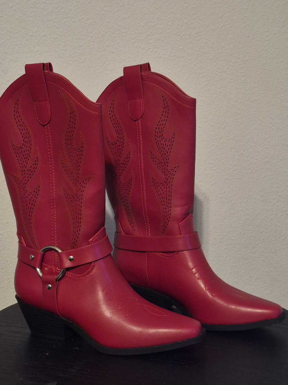 Soda Red Western Harness Mid-Calf Heeled Boots